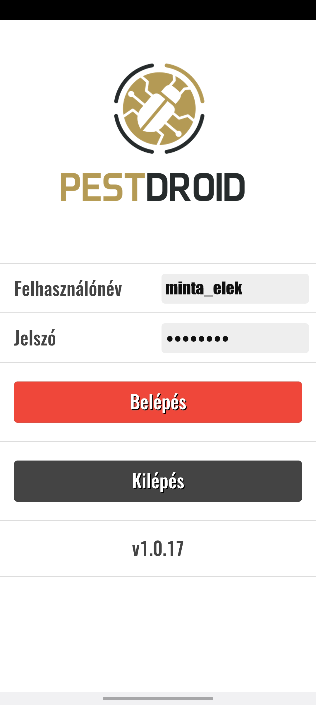 PestDroid mobil – Belépés képernyő