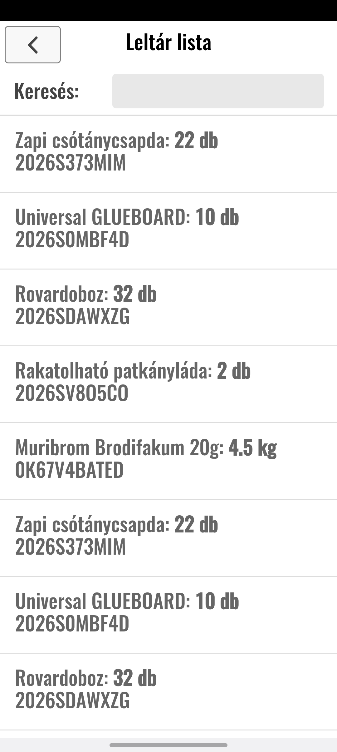 PestDroid mobil – Raktár képernyő